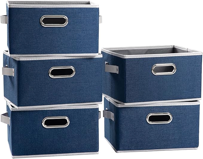 PRANDOM Large Collapsible Storage Baskets for Closet [5-pack] Decorative Fabric Storage Bins Cubes with Leather/Metal Handles for Shelves Bedroom Living Room Royal Blue (14.9x9.8x8.3 Inch)