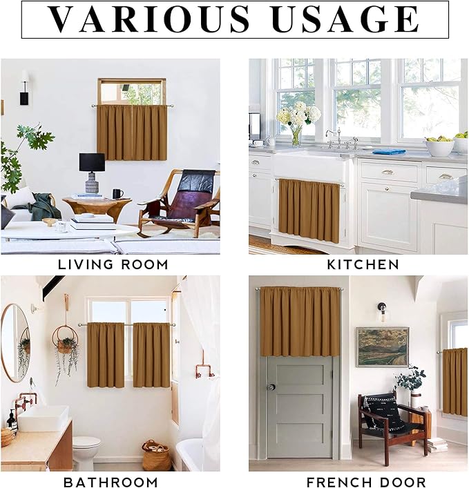 RYB HOME Small Curtains Blackout - Privacy Energy Efficiency Mini Curtains for Kids Bedroom RV Camper Windows Trailer Bathroom Kitchen Cabinet Window Tiers, W 29 x L 30, Gold Brown, 2 Panels