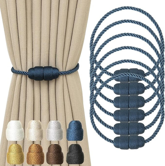 Magnetic Curtain Tiebacks Rope Tie Backs 6 Pack Curtains Holders for Drapes Decorative Window Holdbacks, Blue