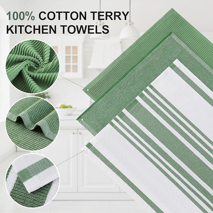 Homaxy Premium Kitchen Towels(18”x 28”, 6 Pack), Large Cotton 380 GSM Kitchen Hand Towels, Soft and Absorbent Terry Dish Towels, Multipurpose Tea Towel Set with Hanging Loop, Grass Green