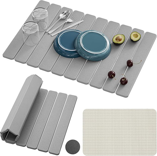 Large Stone Dish Drying Mats for Kitchen Counter – Foldable Quick Dry Stone Mat with Non-Slip Pad & Sandpaper, Super Absorbent Diatomaceous Earth Mat for Dishes and Cups(Ligh Gray 23.5"x15.5")