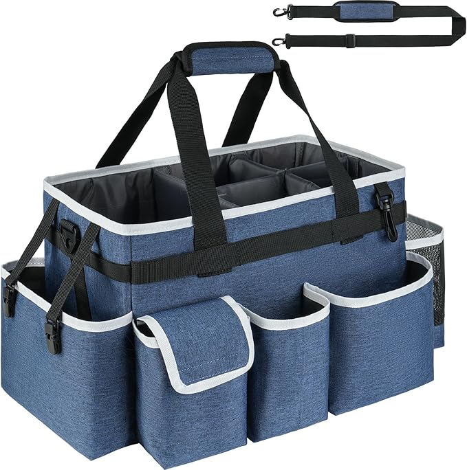 Cleaning Caddy Bag,Large Cleaning Supplies Organizer with Handle for Housekeepers, Blue