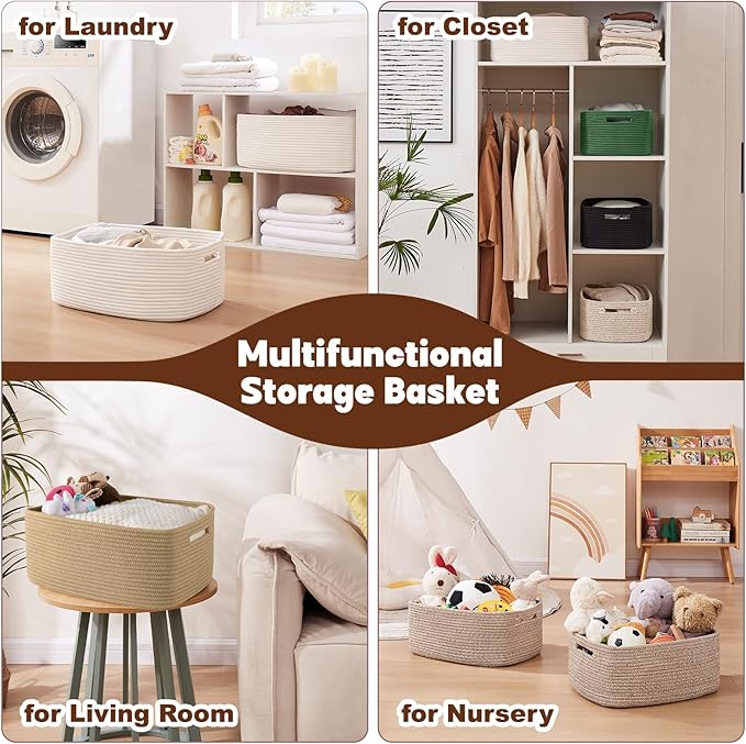 OIAHOMY Storage Basket for Shelves, Closet Cube Storage Bins Baskets for Clothes Blanket Towels, Baby Nursery, Toy Baskets Box, Woven Rope Basket, 15.75*11.81*7.09 IN, 2 Packs Grey