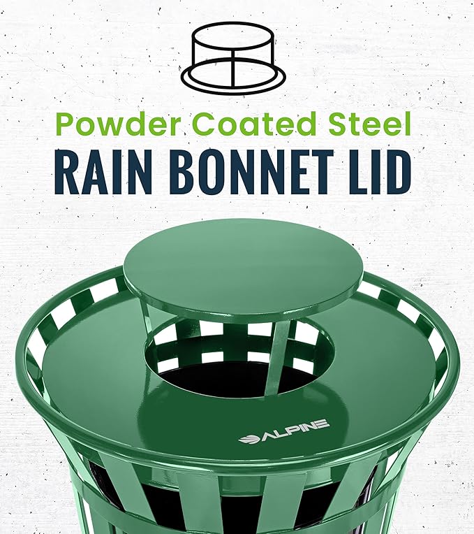 Alpine Industries Outdoor Metal Waste Receptacle Rain Bonnet Lid - Heavy Duty Trash Can - Commercial Trash Receptacle Cover - 38 Gallon Commercial Garbage Can Lid - Green
