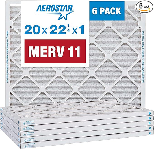 Aerostar 20x22 1/4x1 MERV 11 Pleated Air Filter, AC Furnace Air Filter, 6 Pack (Actual Size: 19 7/8" x 22 1/4" x 3/4")