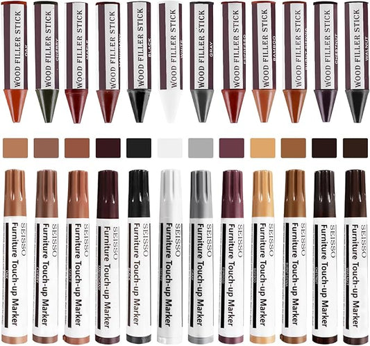 SEISSO Furniture Repair Kit, 12 Colors Furniture Touch-up Markers and Wood Fillers Sticks for Stains, Scratches, New Upgrade Furniture Touch Up Kit - Restore Wooden Table, Cabinet, Floors, Door