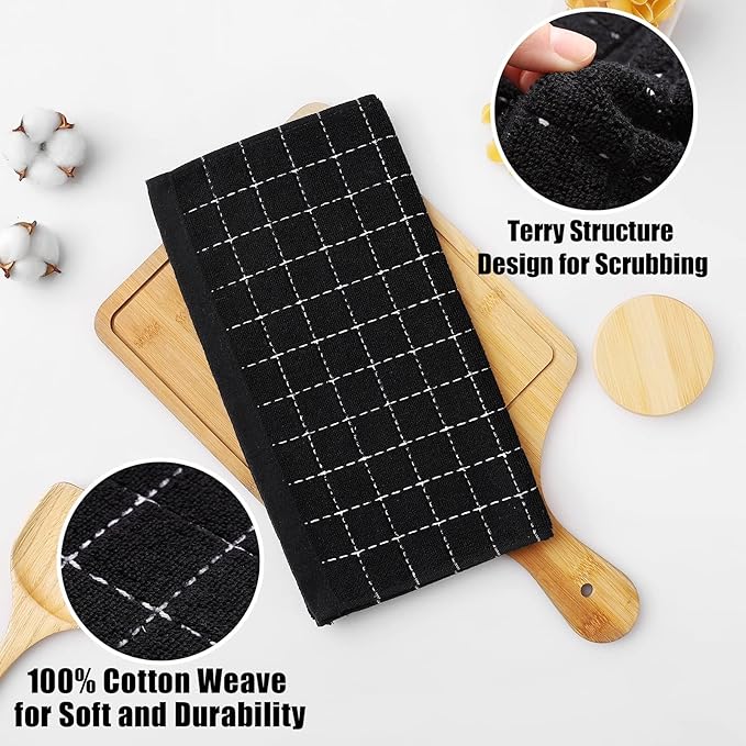 Homaxy 100% Cotton Terry Kitchen Dish Cloths, Ultra Soft and Absorbent Dish Towels for Kitchen, Suitable for Drying and Washing Dishes, 12 Pack, 12 x 12 Inches, Black