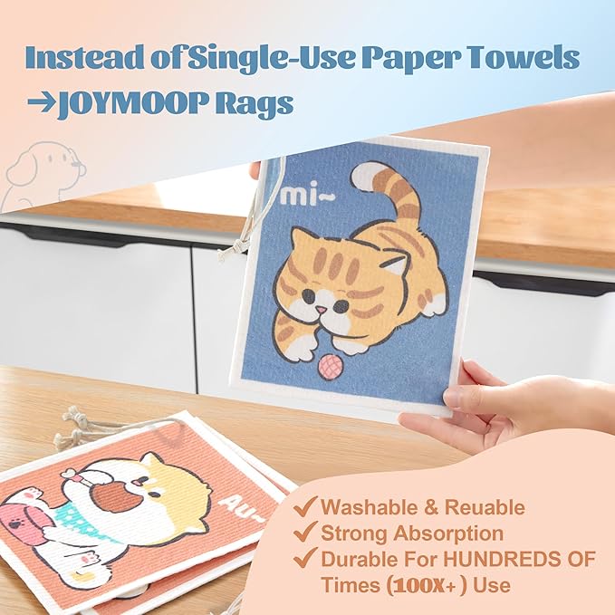 JOYMOOP Cartoon Cellulose Cleaning Cloth, Reusable Absorbent Dish Towels, Non-Scratch Washable Rags for Cookware, Kitchen and Household Cleaning - 12pcs, 6.7×7.9inch