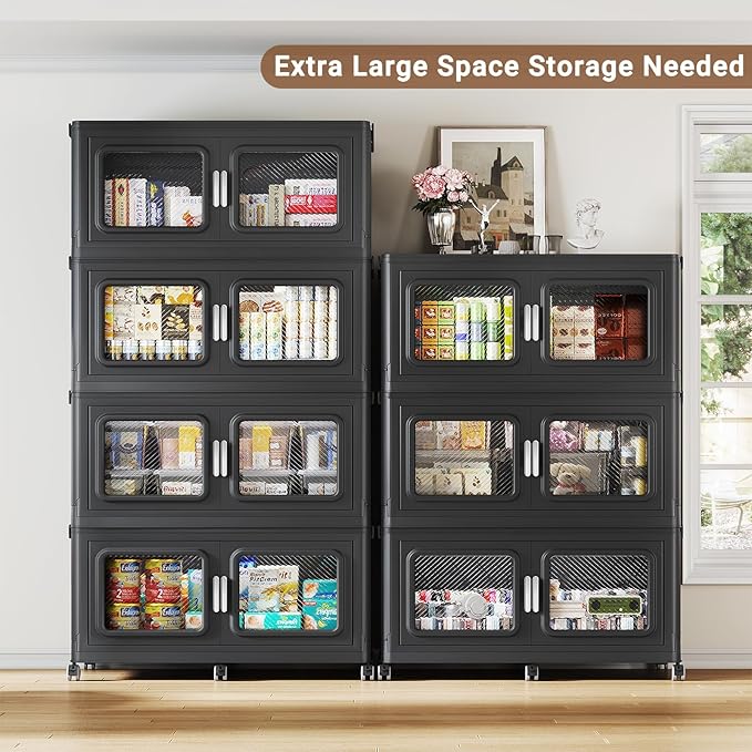 BROVIEW 660 Qt Stackable Storage Bin with Lids, 165Gal Extra Large Collapsible Storage Boxes, Folding Plastic Drawer, Heavy-Duty Store Cabinet, Closet Organizer for Home Kitchen, 3 Pack Black