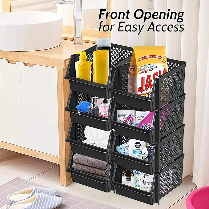 Skywin TidyFriend Plastic Stackable Storage Bins for Pantry, 24 Pack Stackable Bins for Organizing Food, Kitchen, and Bathroom Essentials (Black)