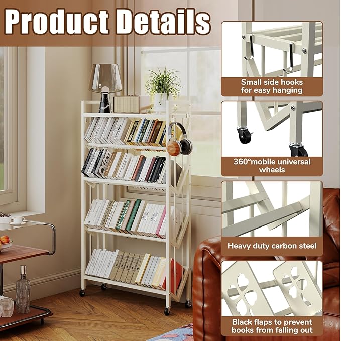 Book Carts 5 Tier 57.7x35.4x9.84 in Rolling Book Cart Large Capacity Bookshelf Storage Rack Mobile Book Storage with Wheels Cart for Home Office Living Room Classroom (5 Tier White)