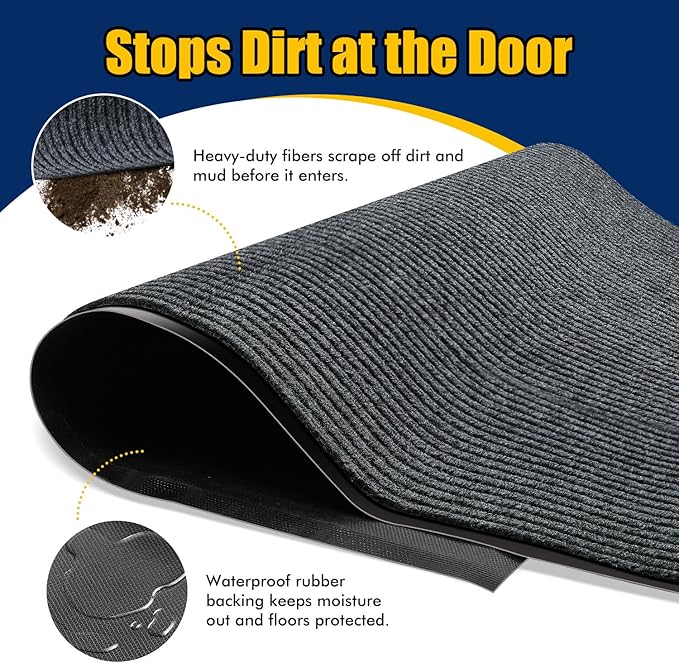 Extra Large Indoor/Outdoor Entrance Mat - 4 x 15 Feet, Rubber Border Door Mat Heavy Duty, Waterproof, Low-Profile, Easy to Clean, Rubber Entry Mat,Commercial Floor Mat, Charcoal Grey