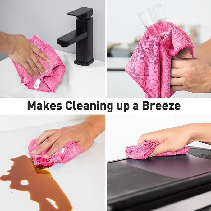 Pink Microfiber Cleaning Cloth 13"x13", Ultra Soft Absorbent Microfiber Cleaning Rags for Housekeeping Cleaning Supplies, Lint Free Reusable Cleaning Cloths for House Washable, Pack of 12