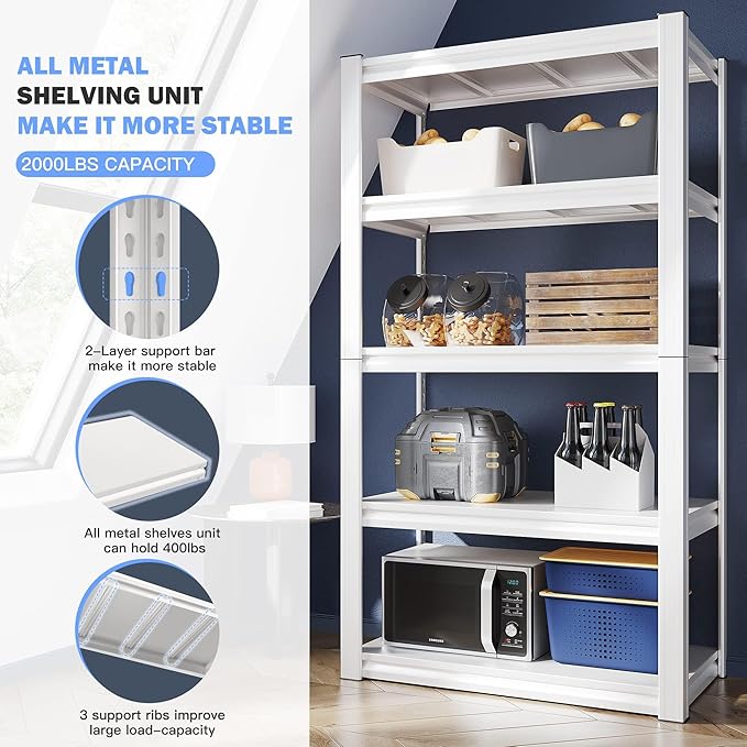 Raybee Garage Shelving Heavy Duty 2000LBS Storage Shelves Heavy Duty Shelving 5 Tier White Metal Shelves Pantry Shelf for Kitchen Closet Basement Warehouse 2 Pack