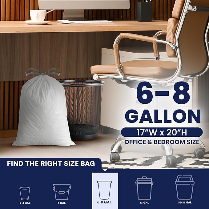 Plasticplace 6 Gallon Trash Bags White Drawstring Garbage Can Liners, 17” x 20”, 100 Count, for Bathroom Kitchen Office Car Small Trash Bags, Leak-Proof & Tear-Resistant