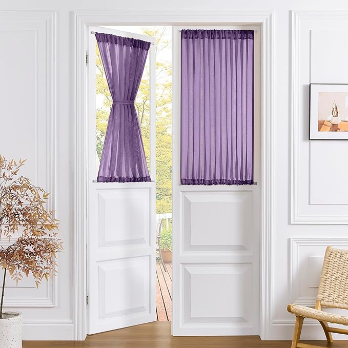 Tollpiz Sheer Door Curtains Closet Linen Textured Curtain Sheers Doorway Light Filtering Voile French Door Rod Pocket Curtains Patio Glass Door, 54 x 63 inches Long, Royal Purple, Set of 1 Panel