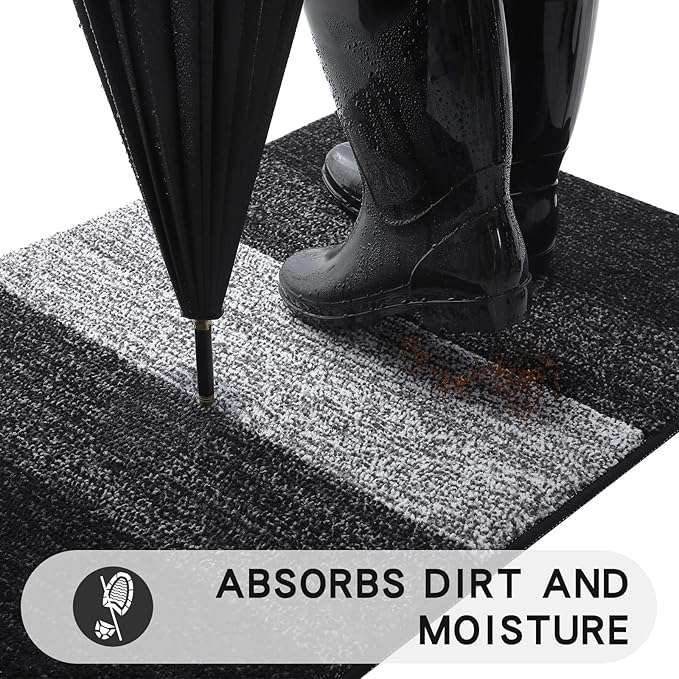 Kitinjoy Indoor Outdoor Door Mat, 24x16 Non-Slip Absorbent Dirt Trapper, Low-Profile Washable Inside Entrance Front Floor Mat, Sturdy Soft Entry Doormats for Entryway, Black