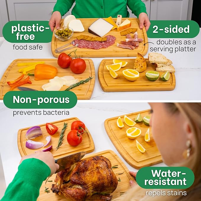 Wood Cutting Boards for Kitchen for Chopping Vegetables, Carving Meat, Slicing Bread and Serving Charcuterie for Meal Time Prep, Holiday Gatherings, and Hosting Parties - Ideal for Home Chefs