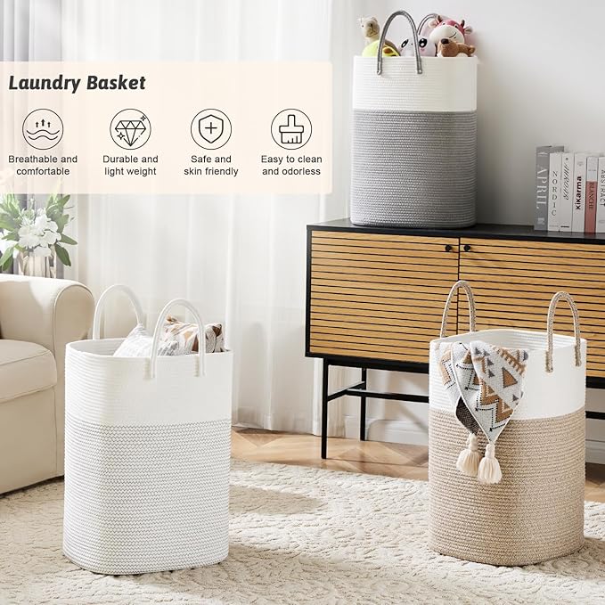 Laundry Basket,Woven Cotton Rope Laundry Hamper,Versatile Storage for Dirty Clothes,Baby Toys,and Blankets in Bathroom, Nursery,and Living Room (Grey, 100L)