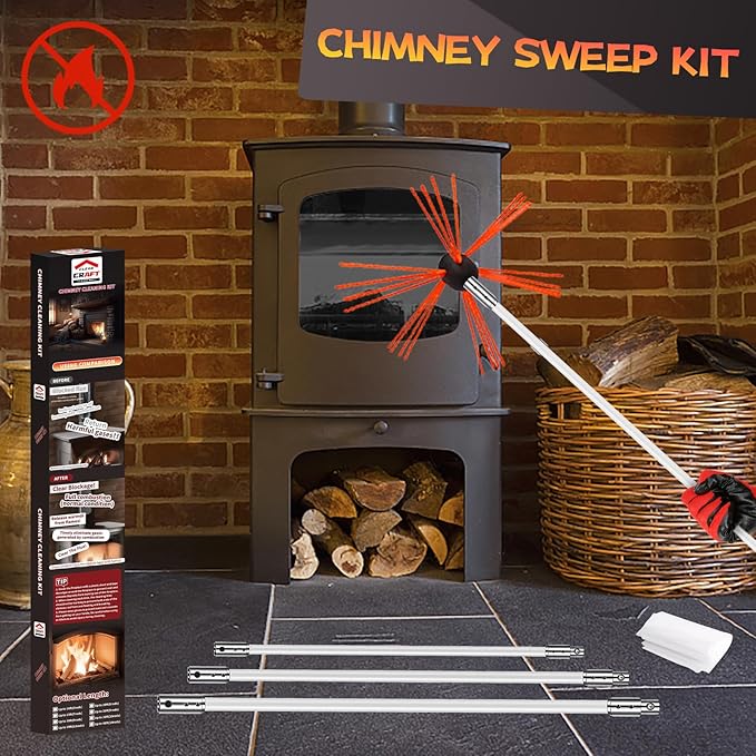 20 Feet Chimney Sweep Kit, Chimney Cleaning Kit with 6 Flexible White Chimney Rods, Rotary Chimney Cleaning System Driven by Drill for Sweeping Fireplace, Chimney Cleaners with Strong Brush