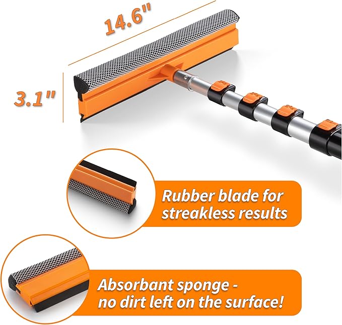 5-24 ft Window Washer Squeegee Kit with Extension Pole (30+ Foot Reach) // Long Handle Squeegee for Window Cleaning & Car Cleaning Multi-Use//Telescopic Professional Window Cleaning Squeegee for Home