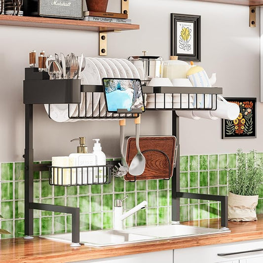 Over The Sink Dish Drying Rack, Expandable Height and Length, 2 Tier Large, Stainless Steel, 24-35.5 inches L x 12 inches W x 19-22 inches H