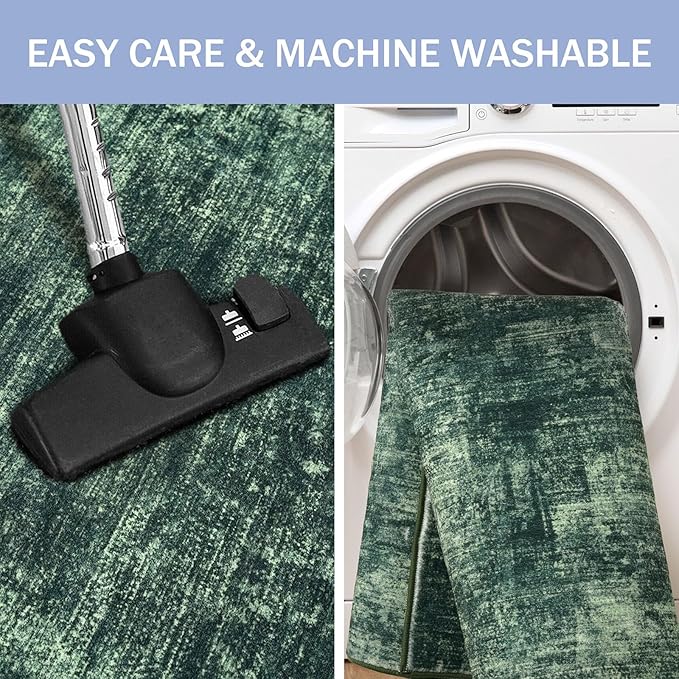 IOHOUZE Abstract Area Rugs 6x9 Ft Washable Rugs for Living Room, Non Slip Dining Room Rug, Printed Faux Wool Rugs for Bedroom, Floor Carpet for Office Nursery Playroom, Dark Green