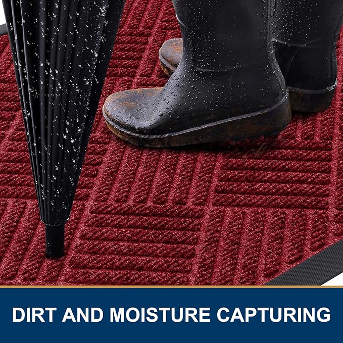 Smiry Front Door Mat Outside Entrance, Heavy Duty Outdoor Indoor Natural Rubber Doormat, Non Slip, Trap Dirt and Moisture, Easy Clean, Low Profile Patio Porch Entryway Mat, 29.5x17, Wine Red