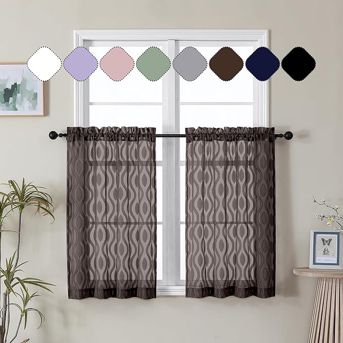 Aiyufeng Brown Sheer Curtains Tiers 36 Inch Length 2 Panels, Airy Lightweight Clip Jacquard Short Kitchen Window Curtains, Modern Wavy Line Textured Voile Sheer Curtain Panles, 40" Wx36 L Inches