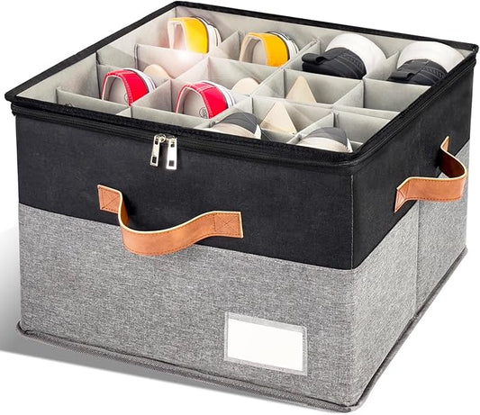 Shoe Organizer for Closet, Foldable Shoe Storage Bins with Clear Cover, Space Saving Shoes Holder with 4 Handles, Large Adjustable Shoe Box Storage Containers, Fits 8-16 Pairs, 1 Pack, Black