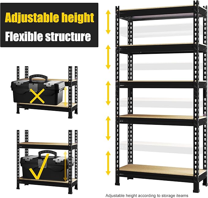 PrimeZone Storage Shelves 5 Packs 5 Tier Adjustable Garage Storage Shelving, Heavy Duty Metal Storage Utility Rack Shelf Unit for Warehouse Pantry Closet Kitchen, 28" x 12" x 59", Black