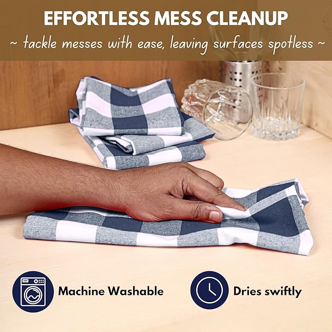 Native Fab 4-Pack Kitchen Towel with Hanging Loop 16x26 inches, Cotton Buffalo Check Kitchen Towels for Cleaning Drying, Washcloths Soft & Absorbent Cloth Rags, Bar Towel, Dish Cloth, Navy