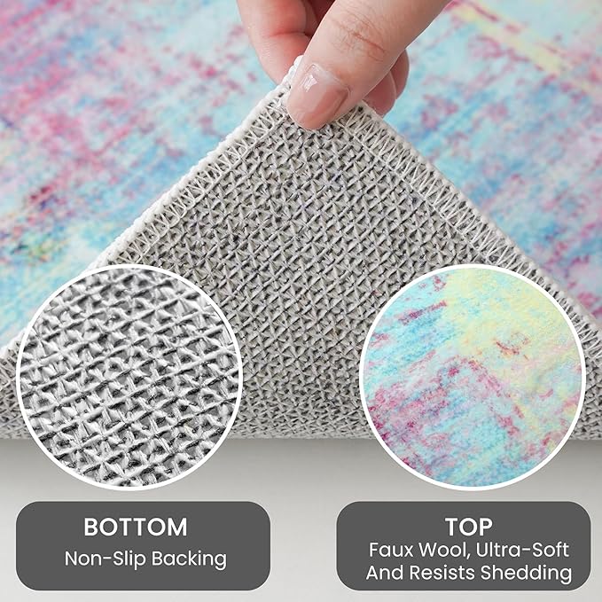 IOHOUZE Abstract Area Rugs 5x7 Ft Washable Rugs for Living Room, Non Slip Dining Room Rug, Printed Faux Wool Rugs for Bedroom, Floor Carpet for Office Nursery Playroom, Pink Teal
