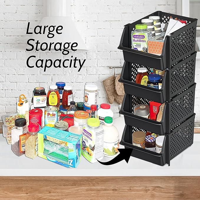 TidyFriend Plastic Stackable Storage Bins for Pantry - 8 Pack Stackable Bins For Organizing Food, Kitchen, and Bathroom Essentials (Black)