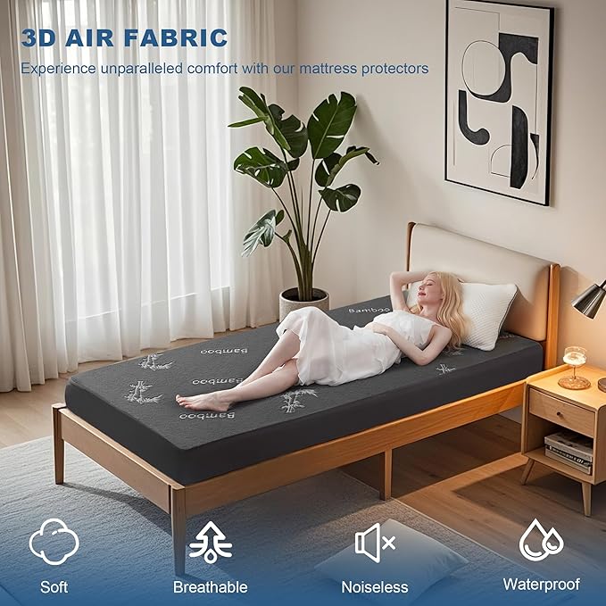 BEDLORE Twin XL Size Mattress Protector Waterproof, Mattress Pad Fitted 6-15 Inch Deep Pocket, 3D Air Fabric Soft Double Bed Mattress Cover Noiseless Washable for Home, College Dorm, Gray