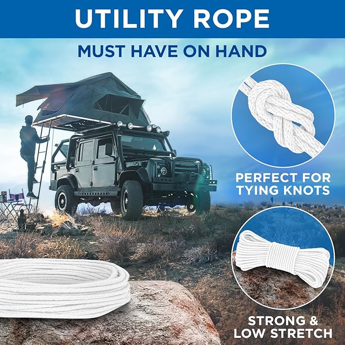 TECEUM Cotton Rope 3/16” (5 mm) – 100 FT – Strong All-Purpose Braided Rope – Natural Cotton – for Crafting, Сamping, Clothes Line, DIY, Indoor & Outdoor Use – White