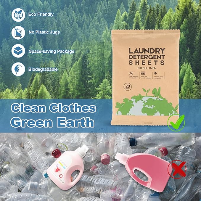 Laundry Detergent Sheet, Eco-Friendly & Hypoallergenic Wash Strips, Natural Ingredients, Ultra-Concentrated, Travel-Ready, No Plastic Jug- Unscented, (60 Loads) 30 Sheets