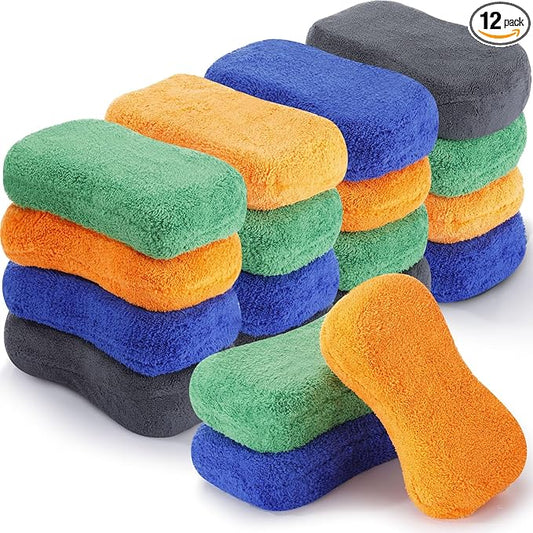 12 Pack Microfiber Car Wash Sponge 9" x 4.3" Large Sponges Two-Sided Non-Scratch Wash Mitt Microfiber Applicator Pad for Car Washing Supplies, Extra Thick Foam Kit Great for Cleaning
