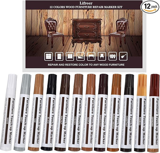 Lifreer Revolutionary Furniture Touch Up Markers, 12 Colors Wood Scratch Repair Markers Kit - Perfect for Stains, Scratches, Wood Floors, Tables, and Bedposts - Easy to Use and Long-Lasting Results!