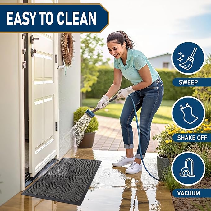 Smiry Front Door Mat Outside Entrance, Heavy Duty Outdoor Indoor Natural Rubber Doormat, Non Slip, Trap Dirt and Moisture, Easy Clean, Low Profile Patio Porch Entryway Mat, 47x32, Grey