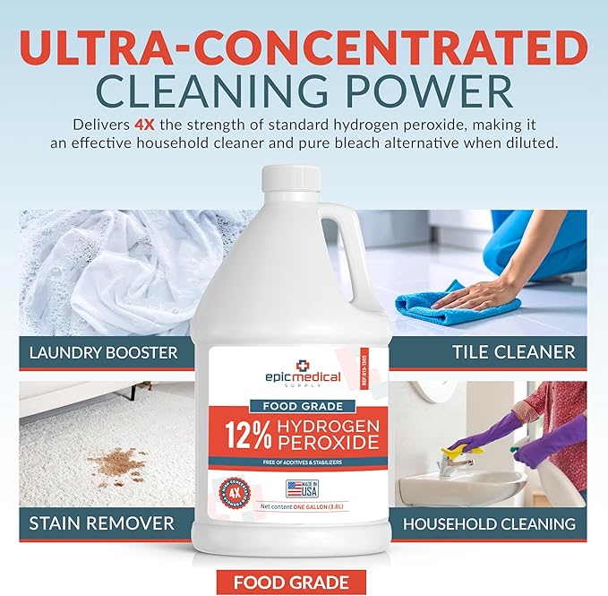 12% Food Grade Hydrogen Peroxide – Ultra-Concentrated H2O2 Peroxide Cleaner – 1 Gallon Bottle – Bleach Alternative for Household Cleaning, Laundry, Glass & More – Made in USA (4)