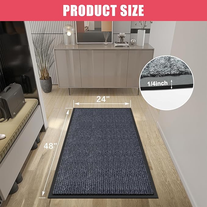 Kuyal Front Door Mat, 2'x4' Indoor Outdoor Entrance, Commercial Floor Inside Outside Entrance, Heavy Duty Durable Welcome Mat, Rubber Backing Non Slip Outdoor Rug for Entryway,Dark Gray