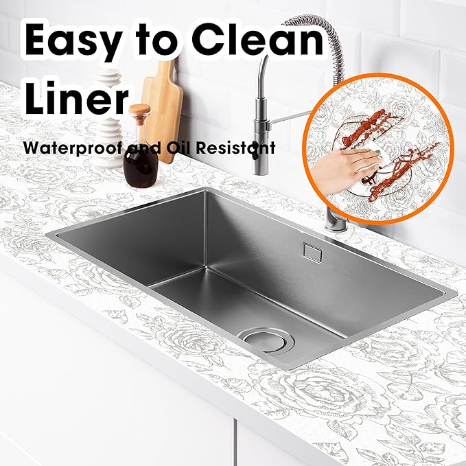 Drawer and Shelf Liner for Kitchen Cabinets Non-Adhesive Cabinet Liners for Shelves Strong Grip Non Slip Waterproof Cupboard Liner for Dresser Refrigerator, Bathroom, Flower,17.5IN X 10FT