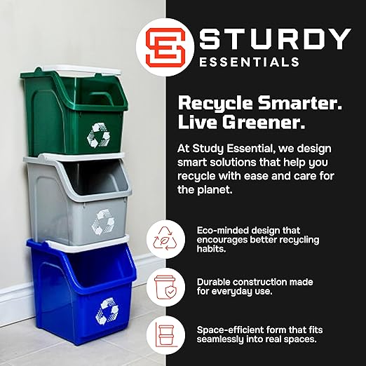 Multi Recycling Bin System with Three Stacking 6 Gallon Bins with Carrying Handles, Stackable and Compact for Offices, Homes, Garages, Businesses - (Grey, 3 Pack)