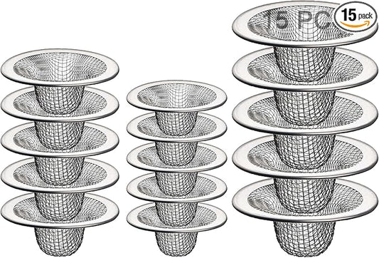 Bathroom Mesh Sink Drain Strainer Screen, 15PCS Drain Mesh Basket Cover Stainless Steel Slop Basket Filter Trap Tub Drain Screen Hair Catcher for Shower Utility Drain (2.125''&2.75"&4.41'')