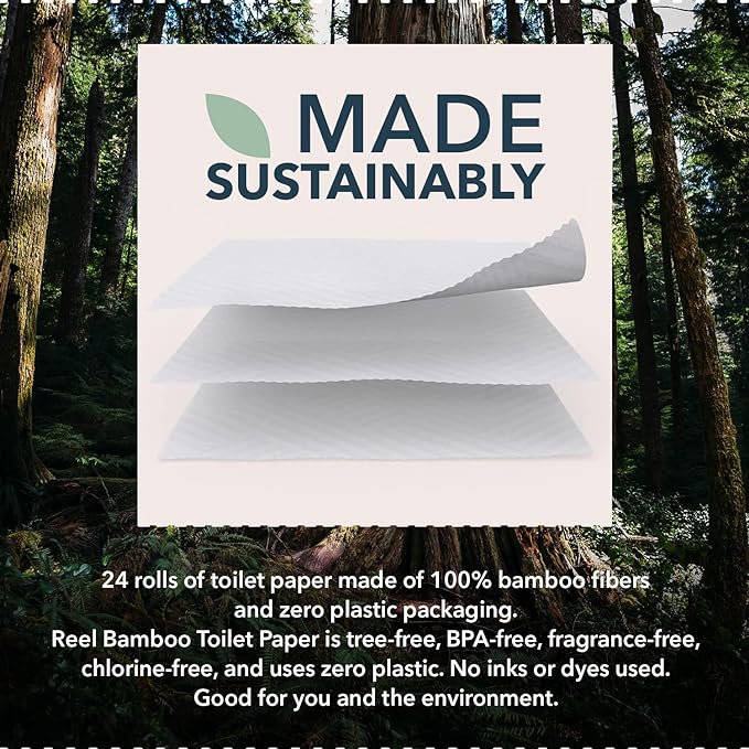Reel Premium Toilet Paper - 12 Rolls of Toilet Paper - 3-Ply Made from Tree-Free - Zero Plastic Packaging, Septic Safe