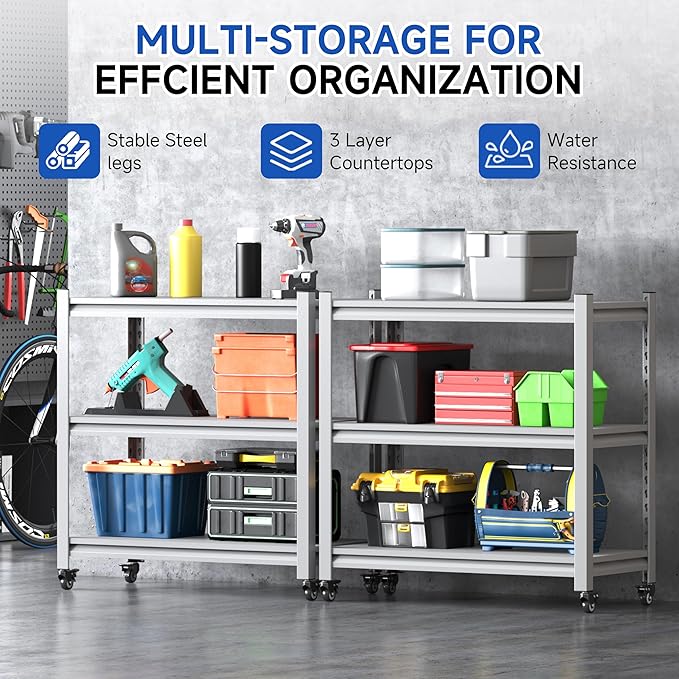 34''W Garage Heavy Duty 3-Tier Adjustable Storage Rack, Steel Shelving with Wheels,Pantry,Kitchen, Office, Closet and Garage Shelves, Easy to Assemble- White