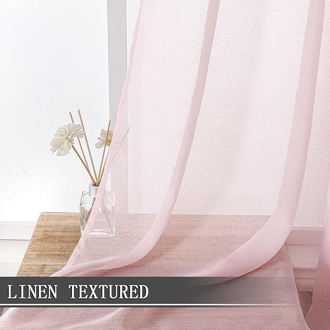 Tollpiz Sheer Curtain Linen Textured Bedroom Curtains Sheer Light Filtering Rod Pocket Voile Curtain for Living Room, 54 x 95 inches Long, Pink, Set of 2 Panels