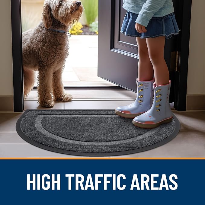 OLANLY Half Circle Door Mat Indoor Outdoor Entrance Welcome, Waterproof All-Season, All-Weather Doormat, Sturdy Natural Rubber, Low Profile, Easy Clean Patio Porch Entryway Mat, 47x23, Grey