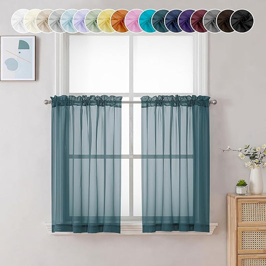 Chyhomenyc Dusty Blue Sheer Curtains 36 inch Length 2 Panels, Light Filtering Voile Short Window Curtians for Bathroom Small Windows, 42Wx36L inches,Stone Blue